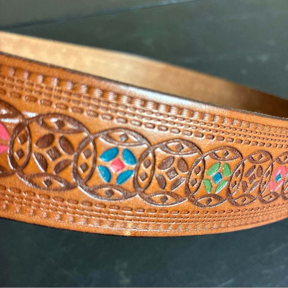 Fossil Brown Tooled Colorful Leather Belt Western Boho Y2K Size Small - Picture 7 of 16